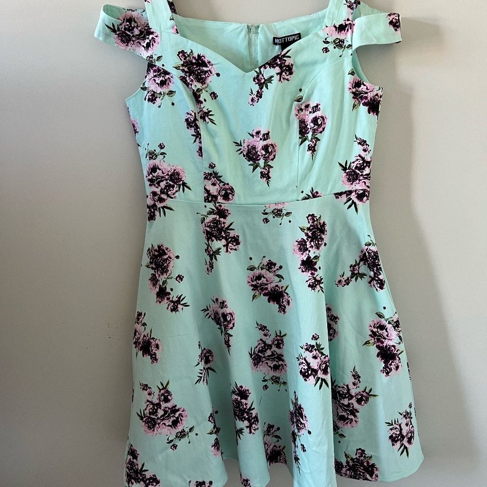 Hot Topic Mint Floral Off The Shoulder Strap Fit & Flare Dress Size L